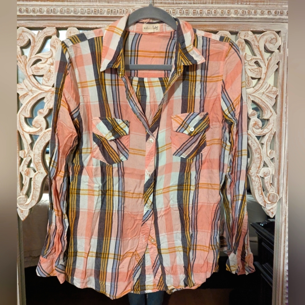 Pink, white, yellow, and blue plaid shirt - medium Maison Jules